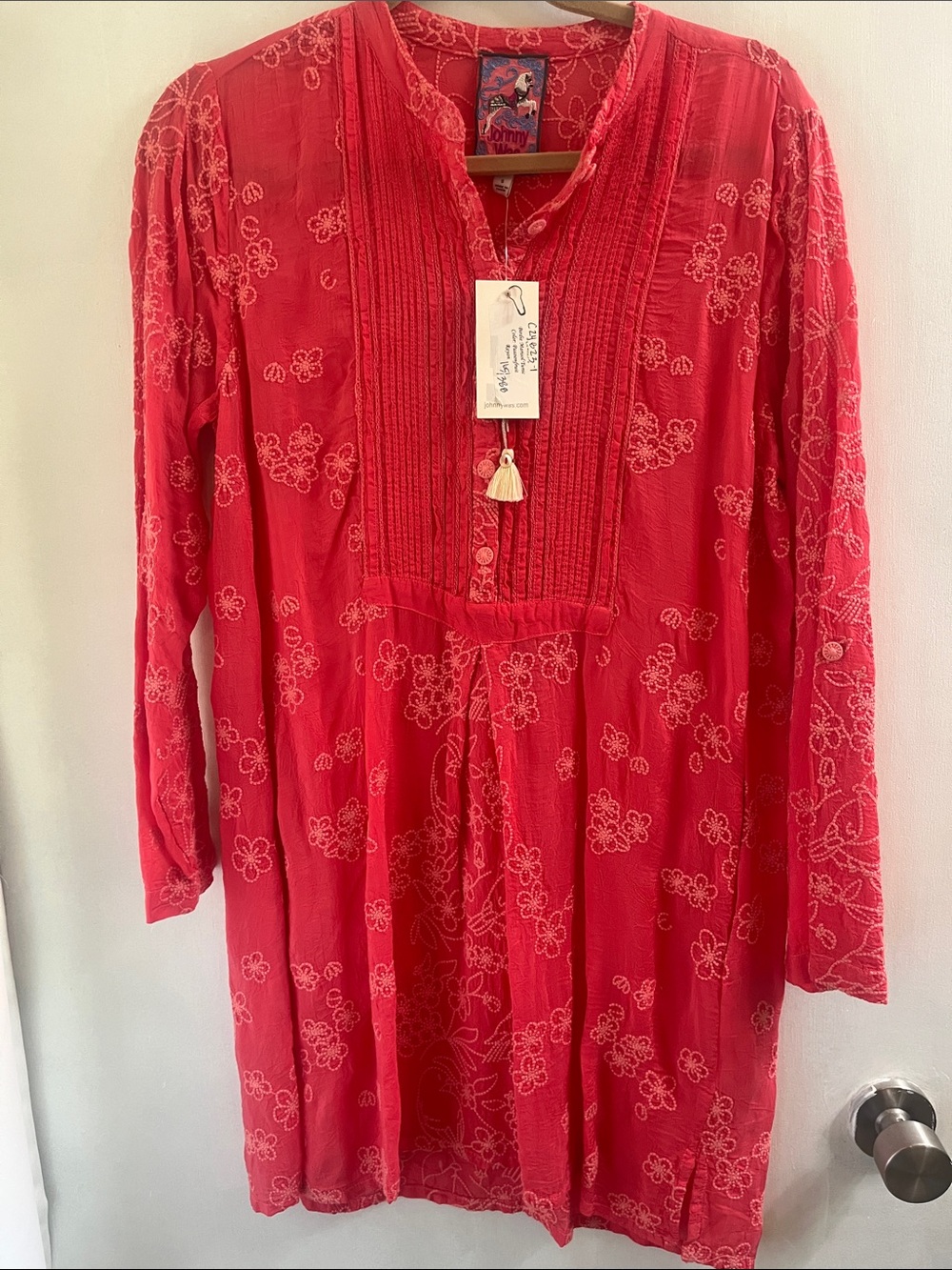 Johnny Was Coral Red Embroidered Tunic Top